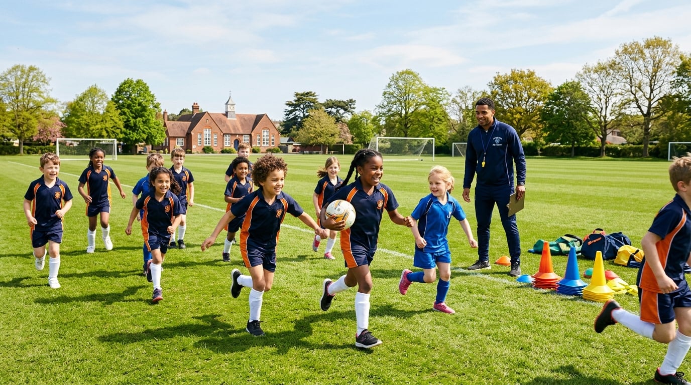 Children enjoying sports coaching on a school playing field in Norfolk