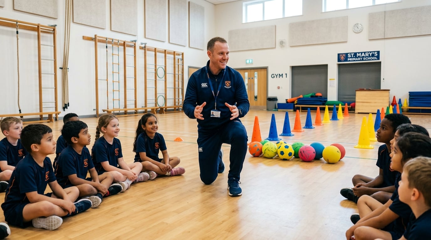 Professional PE lesson being delivered in a Norfolk primary school